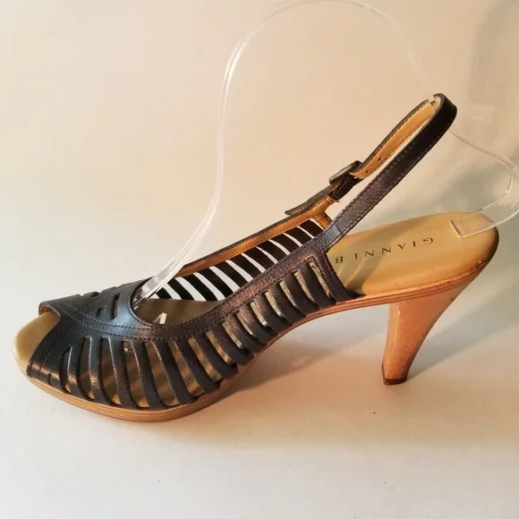 GIANNI BINI 9 1/2 MEDIUM OPEN TOE SLING BACK BLACK SANDAL FW-0005 - Picture 4 of 10